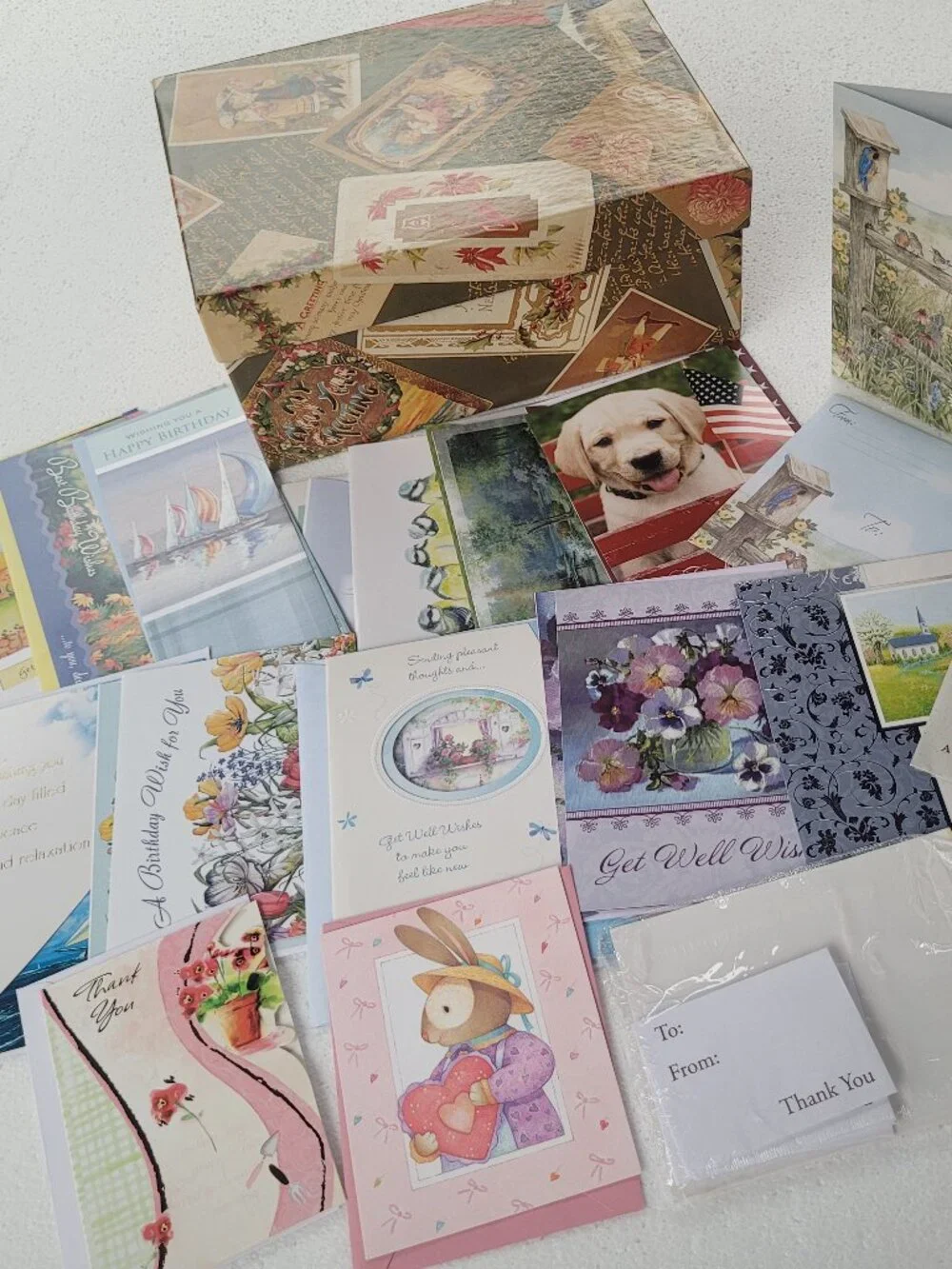 Deluxe Stationery Gift Box w/ Dividers 46 Greeting Cards Wrapping Paper 2 Bags